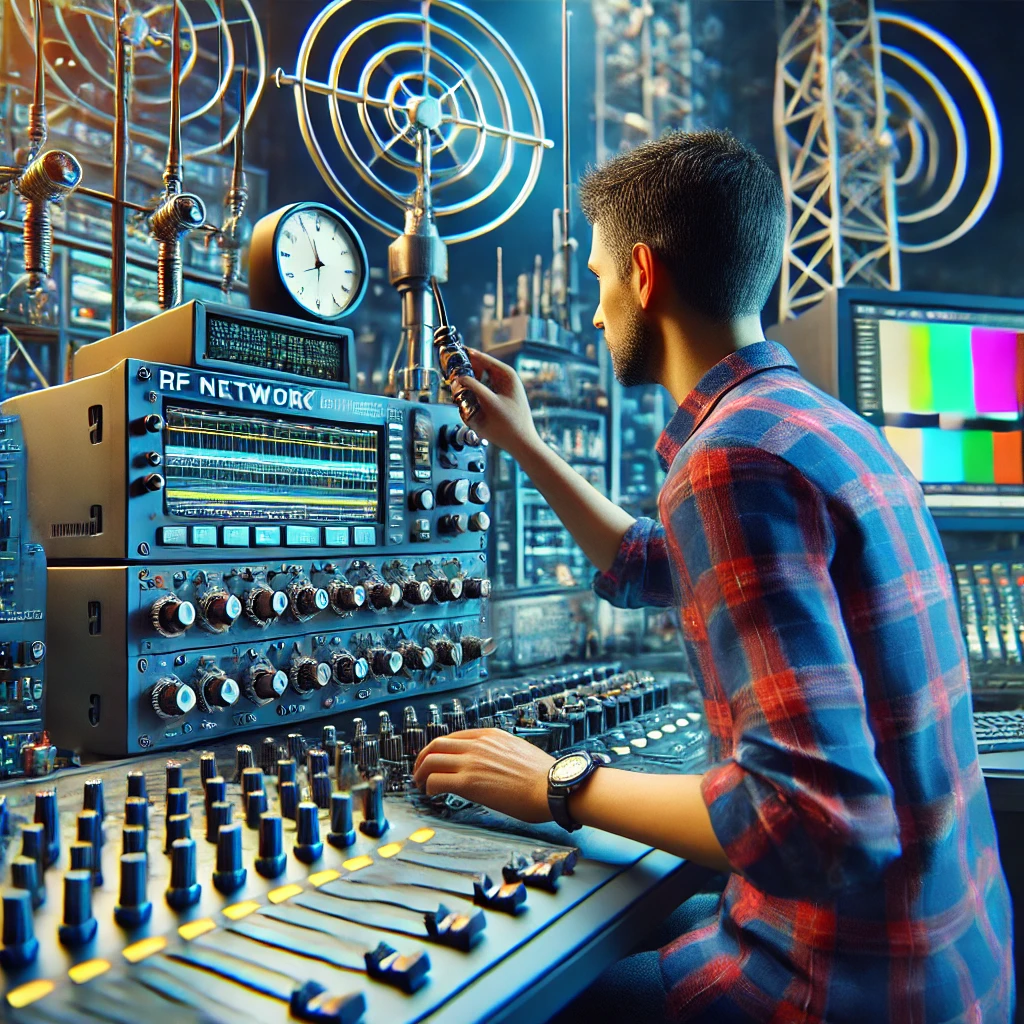 radio studio with an RF Network Engineer working on advanced radio equipment. 